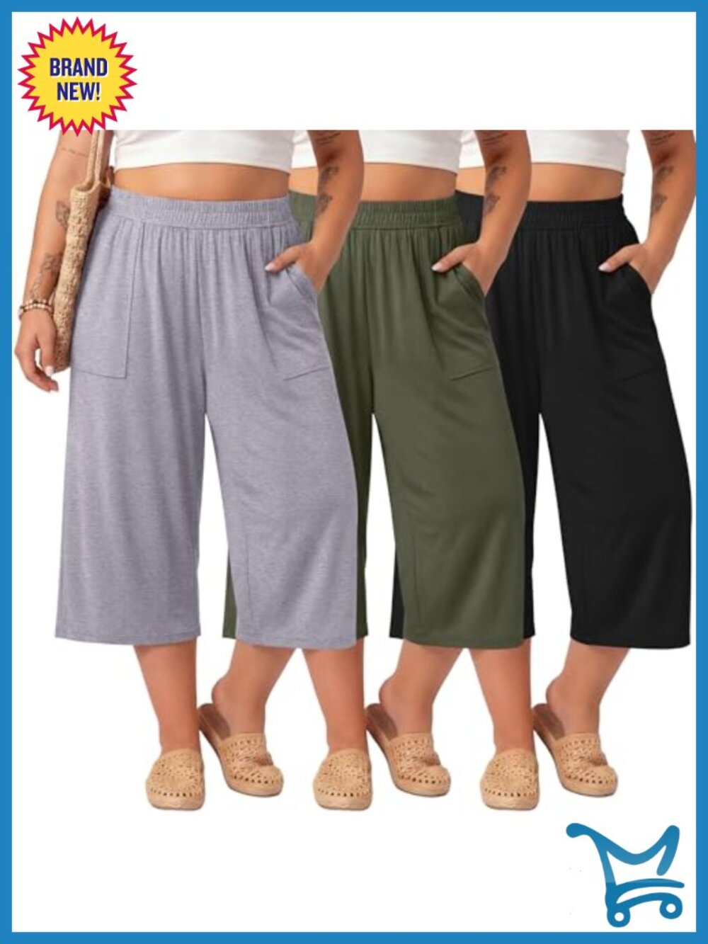 3 Pack Plus Size Capris Pants Cotton Spandex Wide Leg Cropped